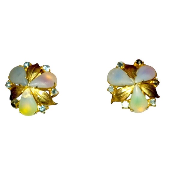 VINTAGE Opalescent Frosted Glass Flower Clip On Earrings Gold Tone Rhinestones - Picture 5 of 11